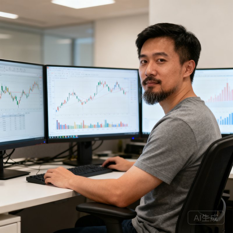 林浩然，500比分首席数据科学家，留着短胡须，穿灰色T恤，面前摆放三台显示器